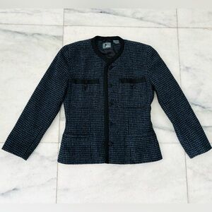 VTG LizWear Blazer Houndstooth Blue Metallic Collarless Wool 6 Preppy Career 90s